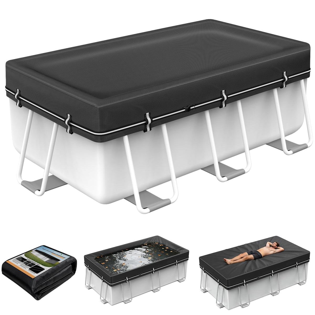 HOLDCOVER Rectangular Pool Cover 9x18ft black front view
