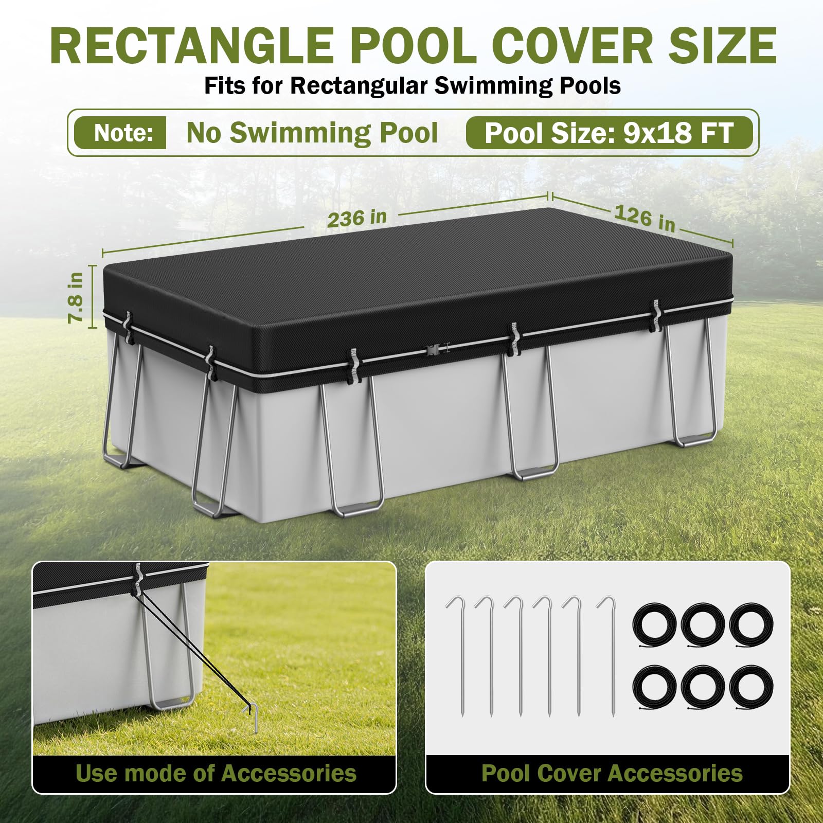 HOLDCOVER Rectangular Pool Cover 9x18ft showing edge load-bearing rings