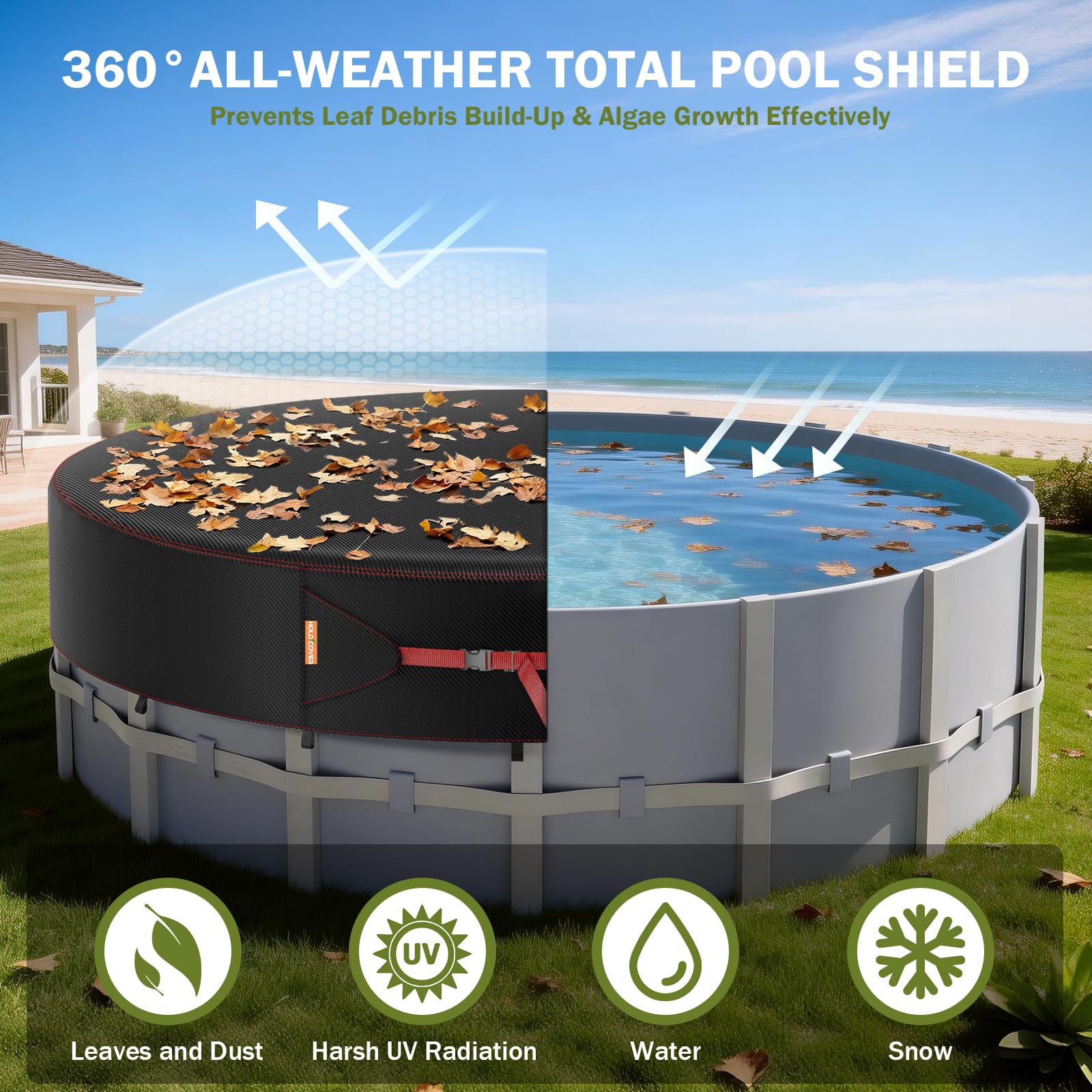 HOLDCOVER solar pool cover protecting outdoor furniture