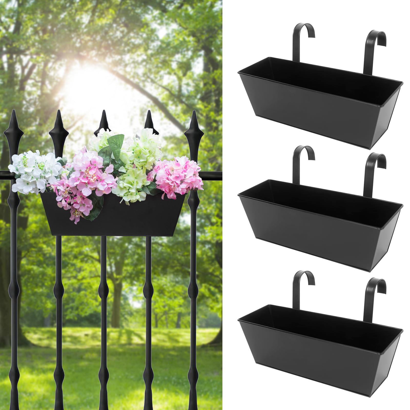 Holensun 16-inch railing planter box in black with flowers
