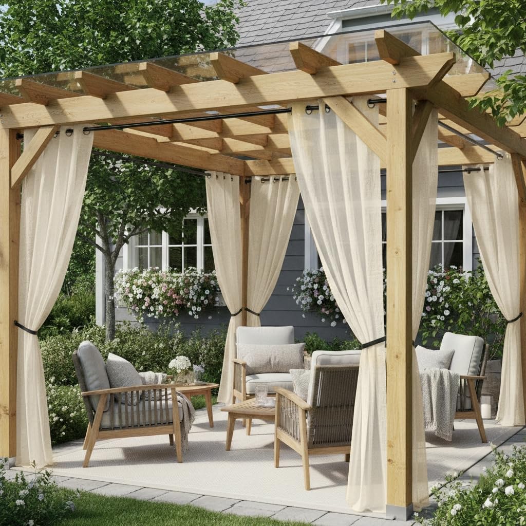 HolidayIdeas Beige Sheer Outdoor Curtain on balcony