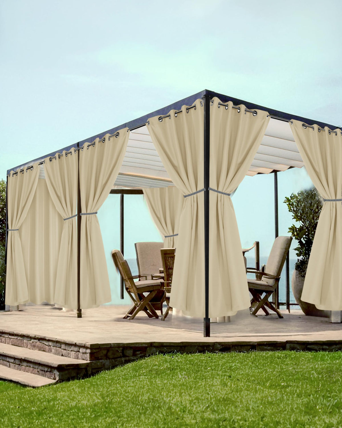 HolidayIdeas grommet outdoor curtain cream front view