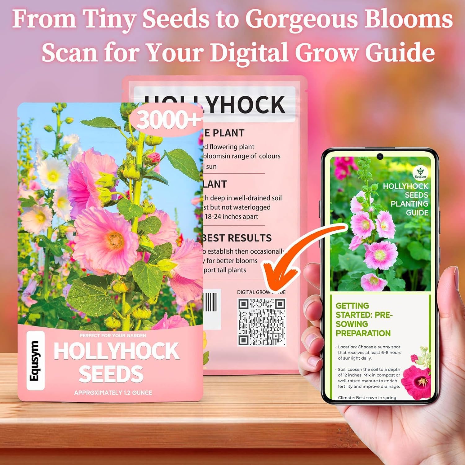 Hollyhock seeds close-up with plant background