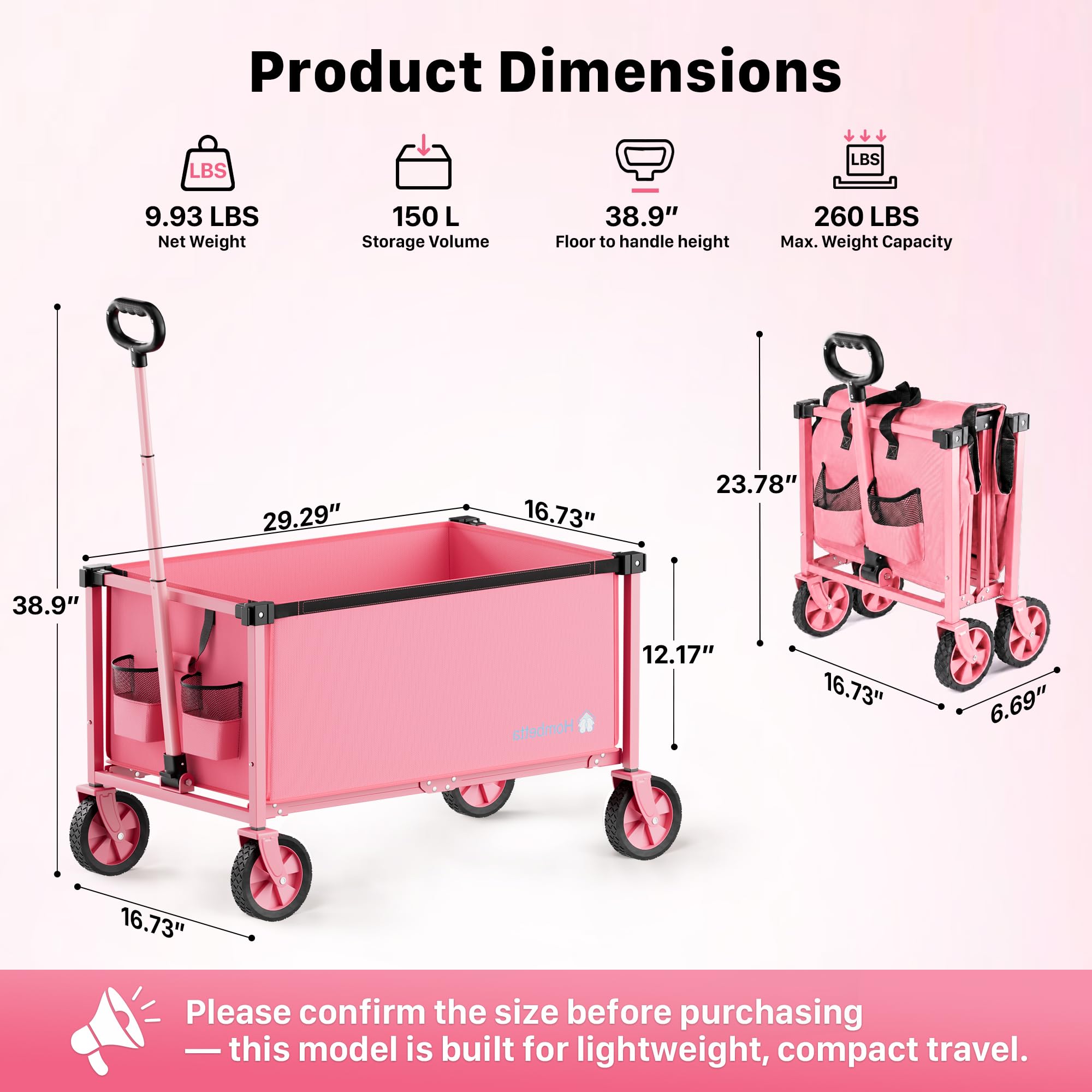 HOMBETTA wagon cart with smooth all-terrain wheels close-up