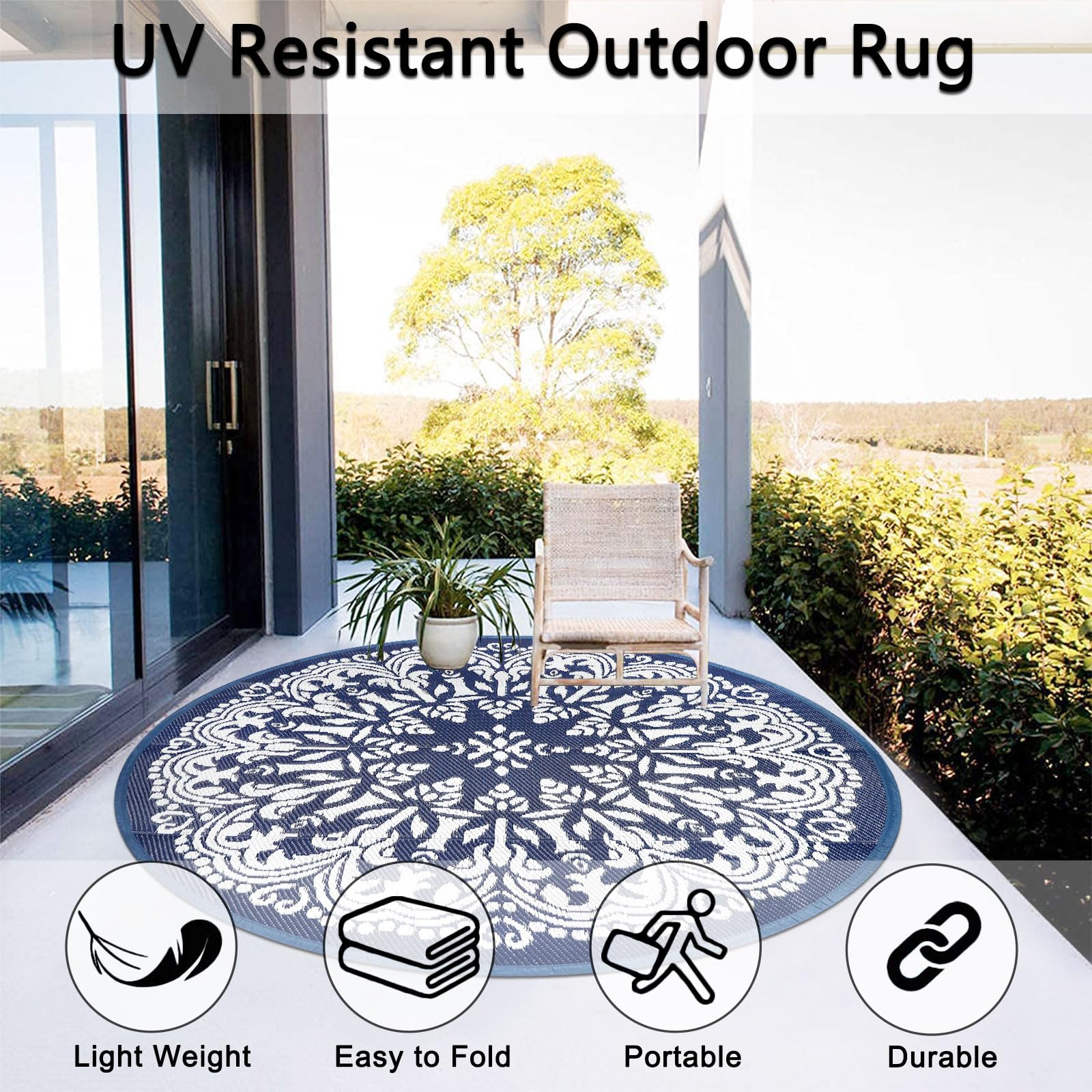 Homcomoda 6Ft Round Outdoor Patio Rug blue in picnic setting