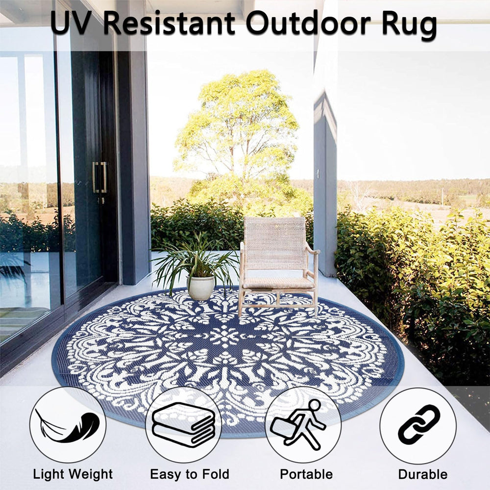 Homcomoda 6Ft Round Outdoor Patio Rug blue in picnic setting