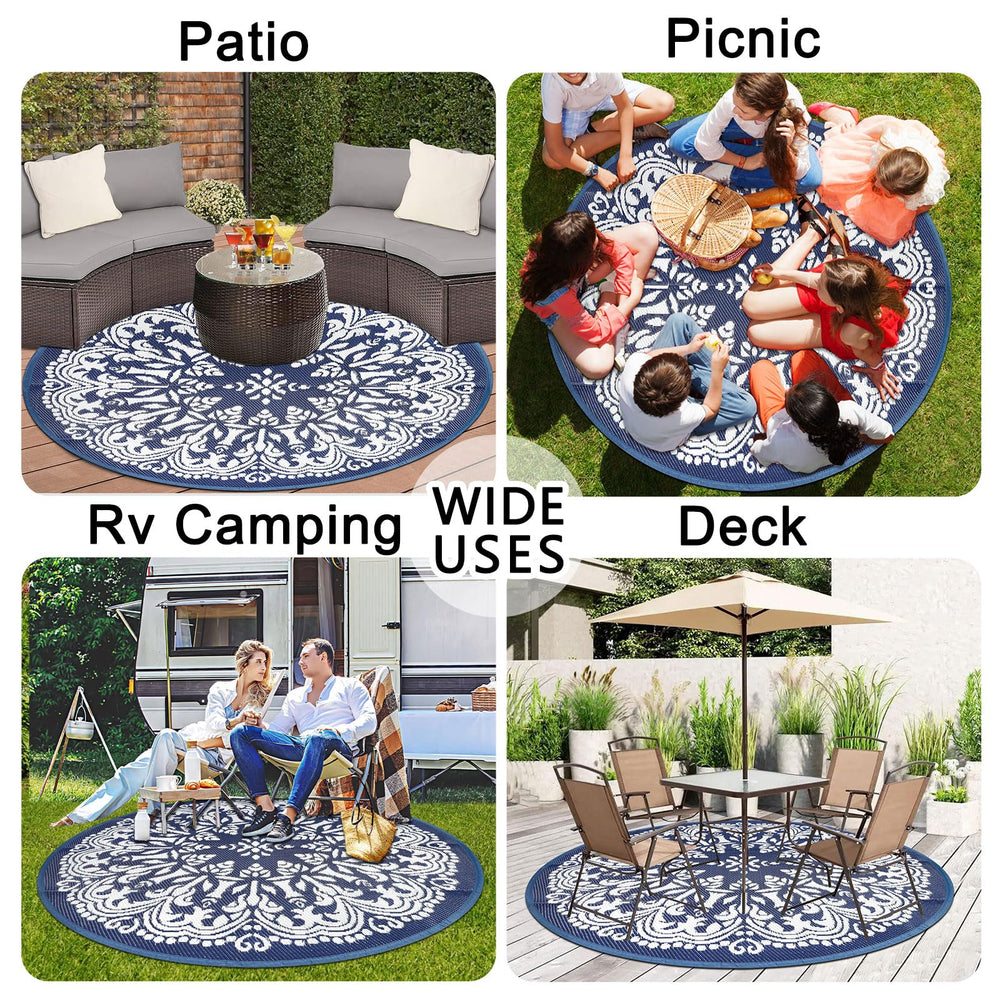 Homcomoda 6Ft Round Outdoor Patio Rug blue lightweight and portable