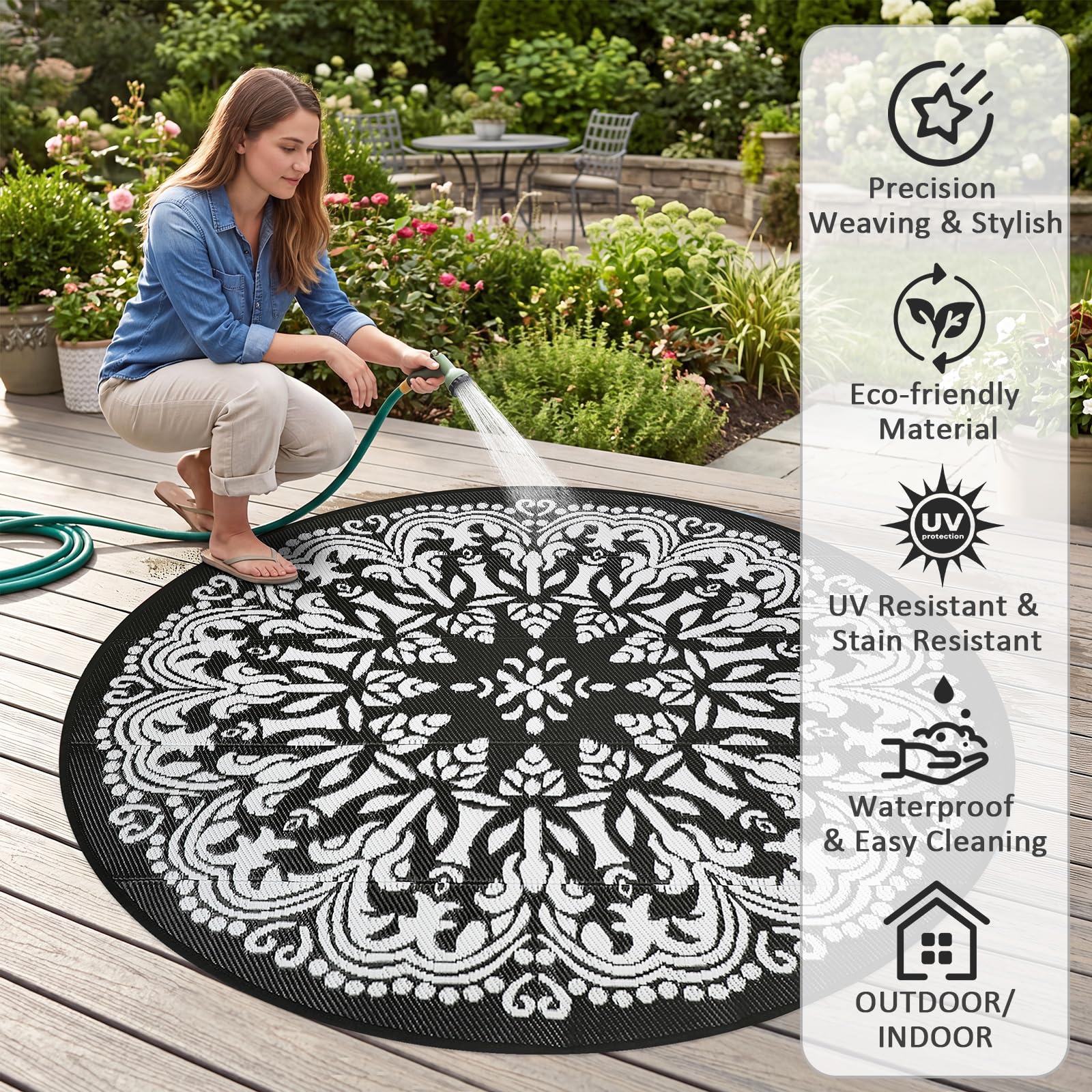 Homcomoda 8Ft outdoor patio rug placed on a deck