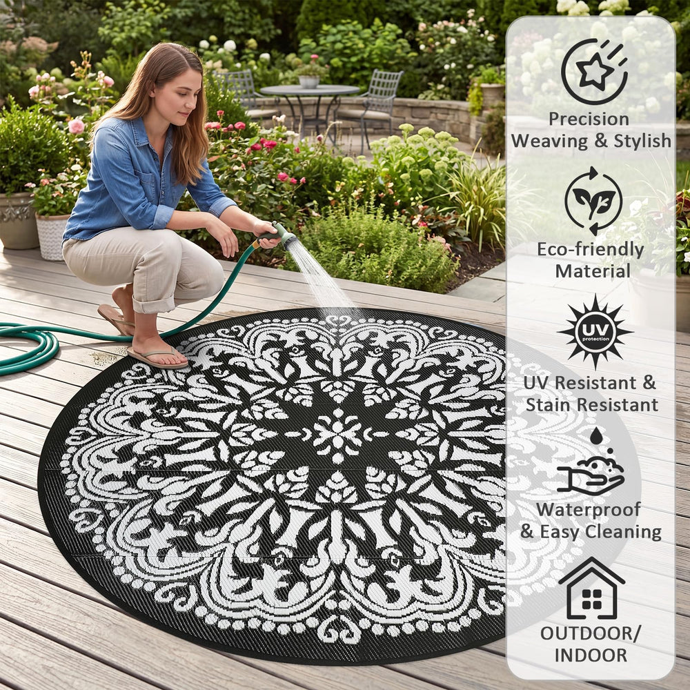 Homcomoda 8Ft outdoor patio rug placed on a deck