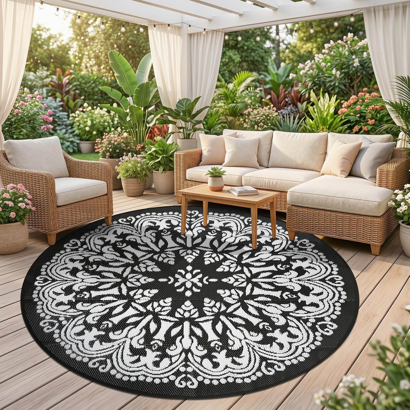 Homcomoda 8Ft outdoor rug being cleaned with a hose
