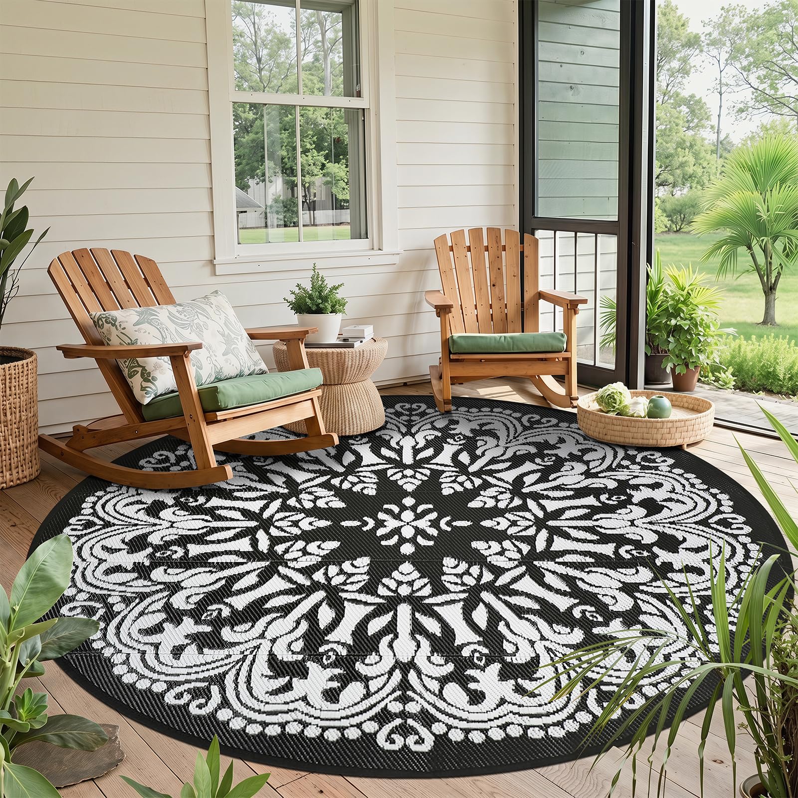 Homcomoda 8Ft round outdoor patio rug in black, front view