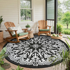 Homcomoda 8Ft round outdoor patio rug in black, front view