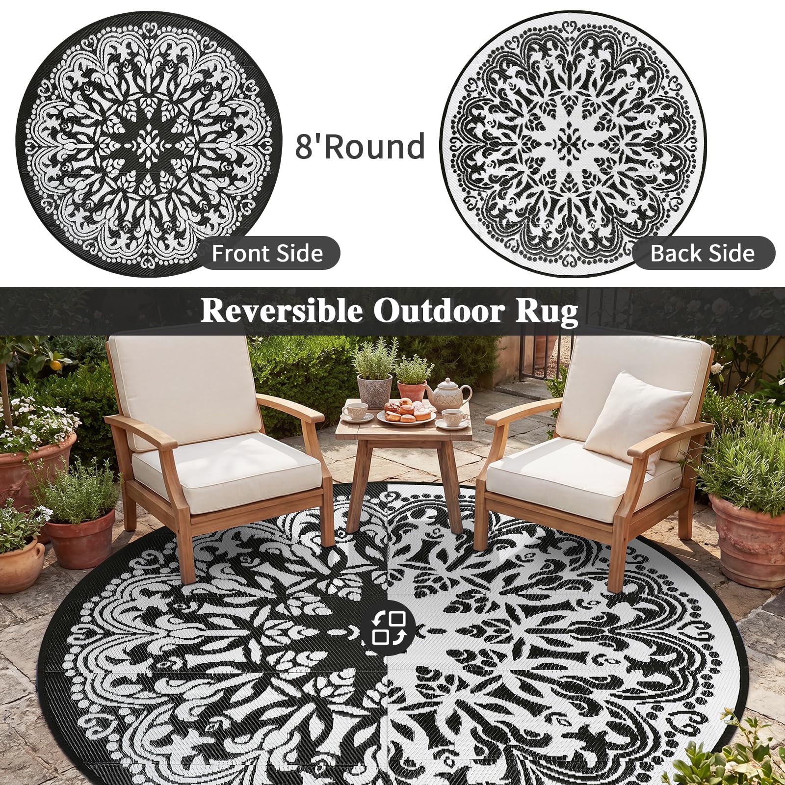 Homcomoda 8Ft round outdoor patio rug showing unique pattern