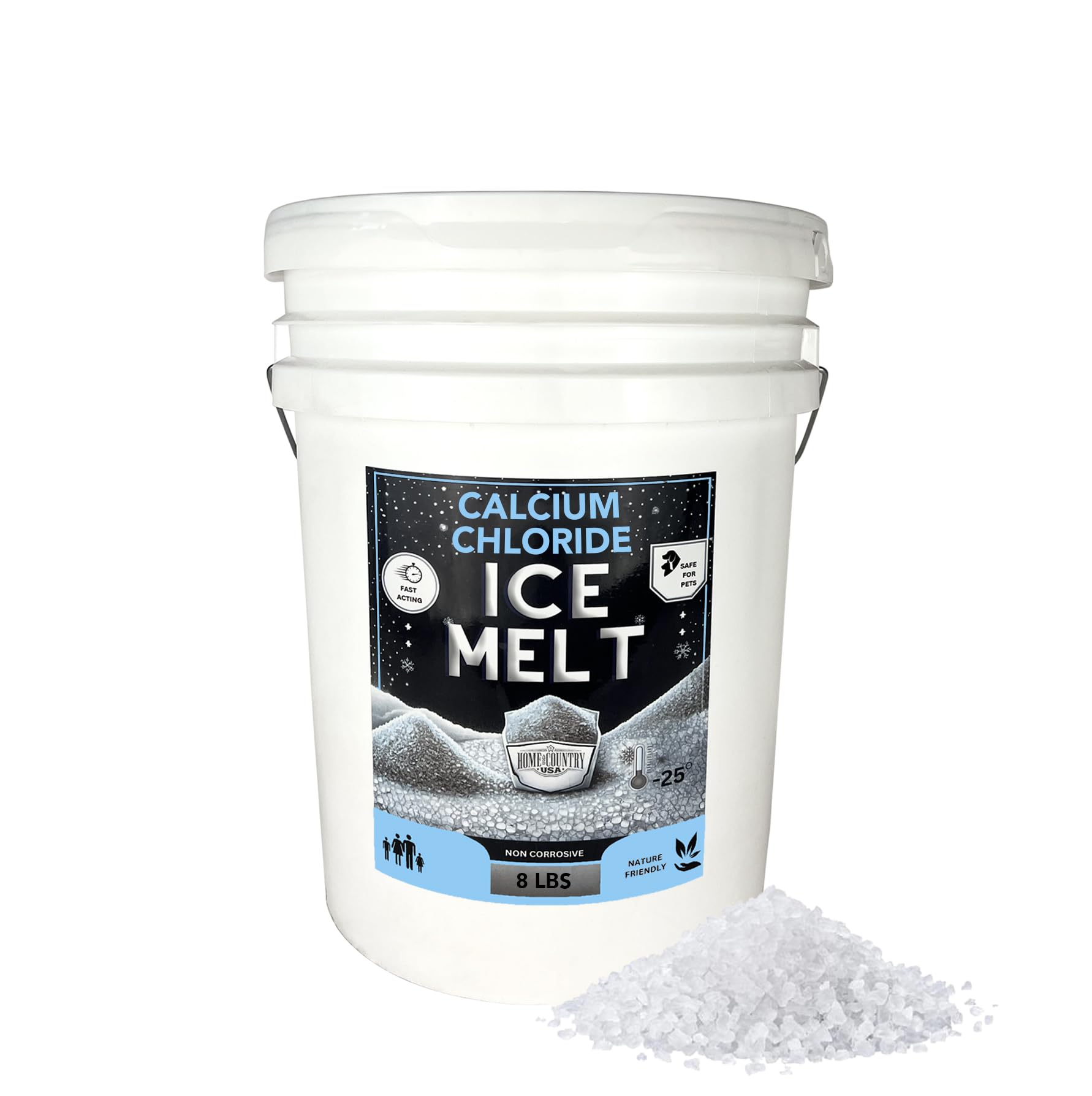 Home and Country USA Calcium Chloride Pellets 8 Pound pail front view