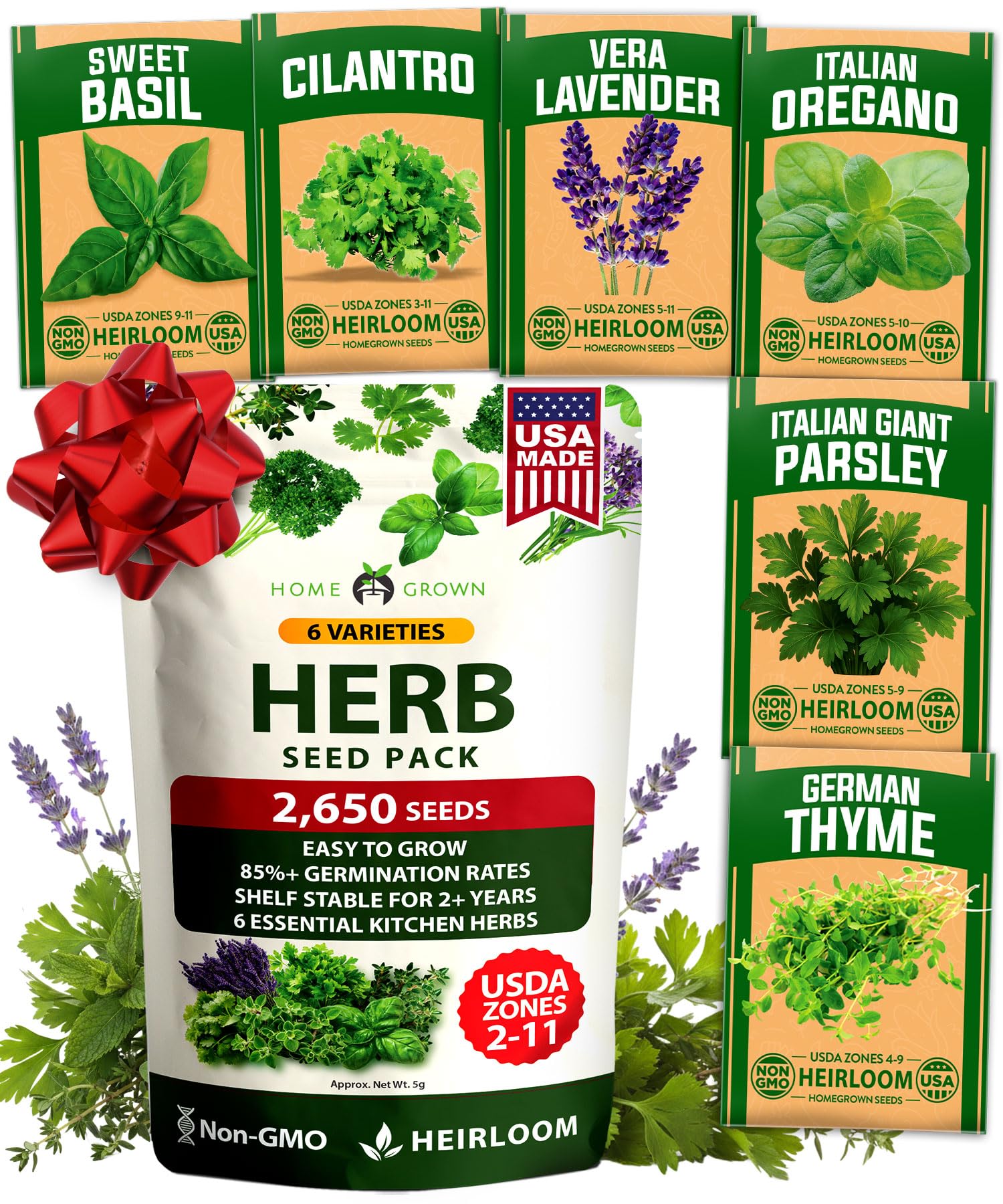 HOME GROWN 6 Herb Variety Pack front view with seed packets