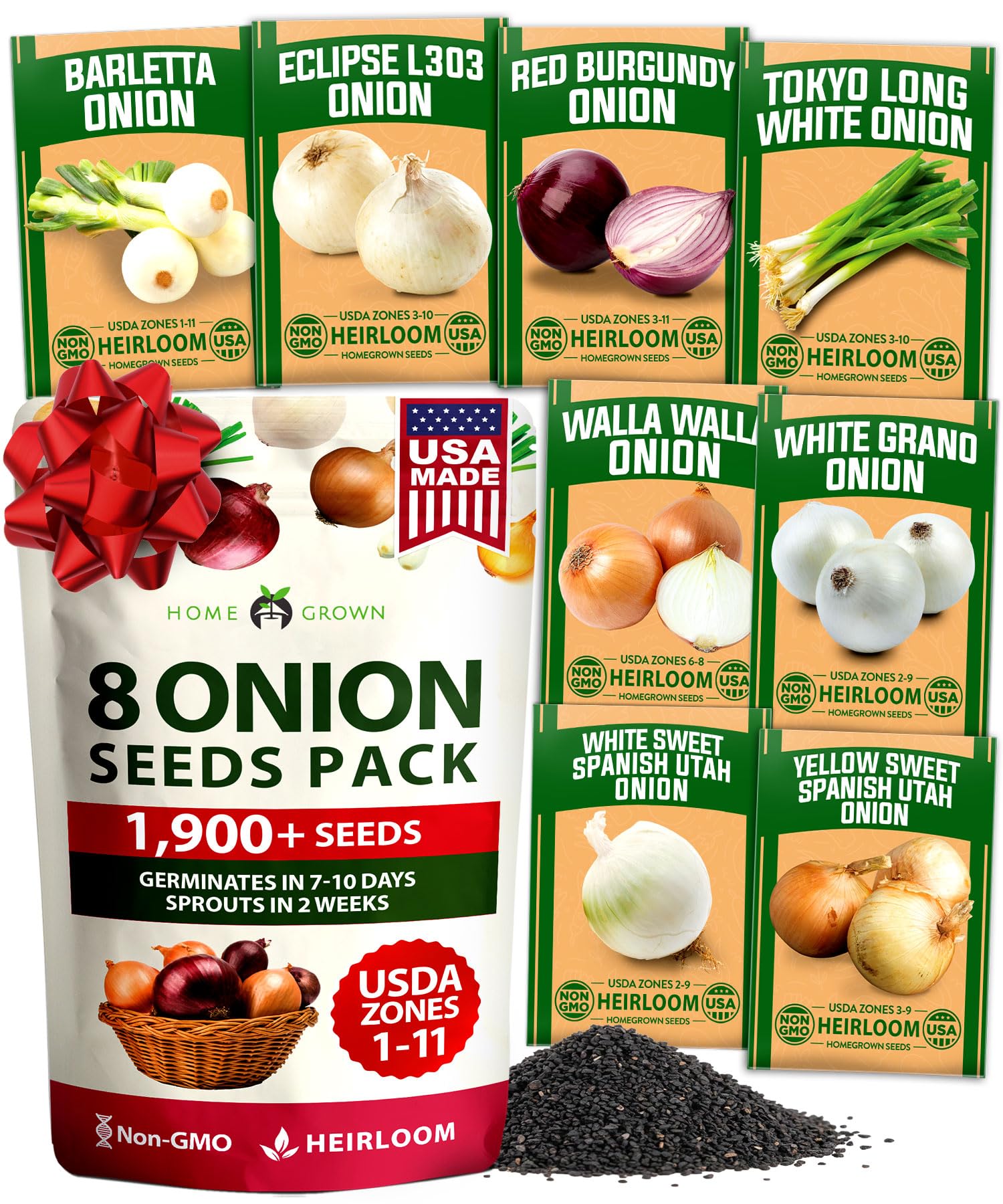 HOME GROWN 8 Onion Variety Mix packaging with seed details