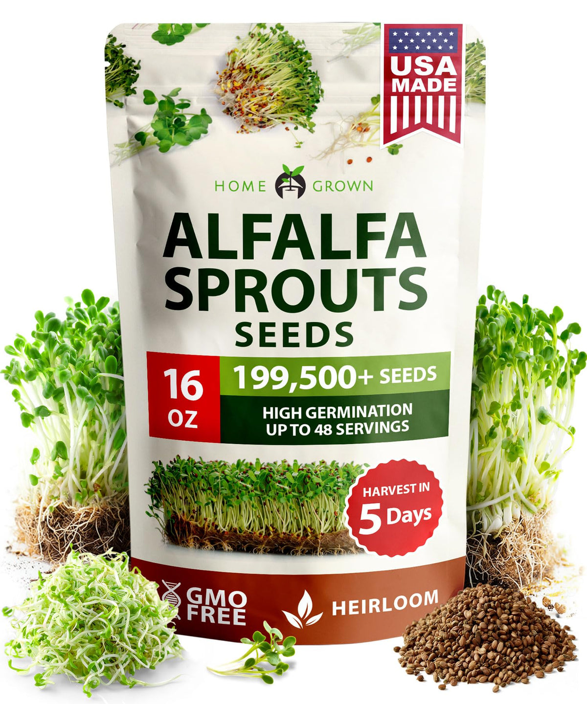 HOME GROWN Alfalfa Sprouting Seeds 16 oz bulk pack front view