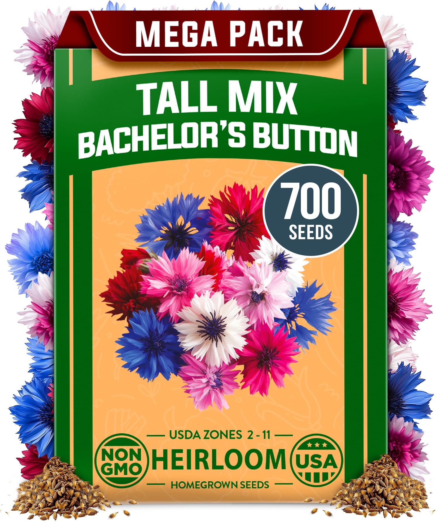 HOME GROWN Bachelor Button Tall Mix flower seeds pack front view