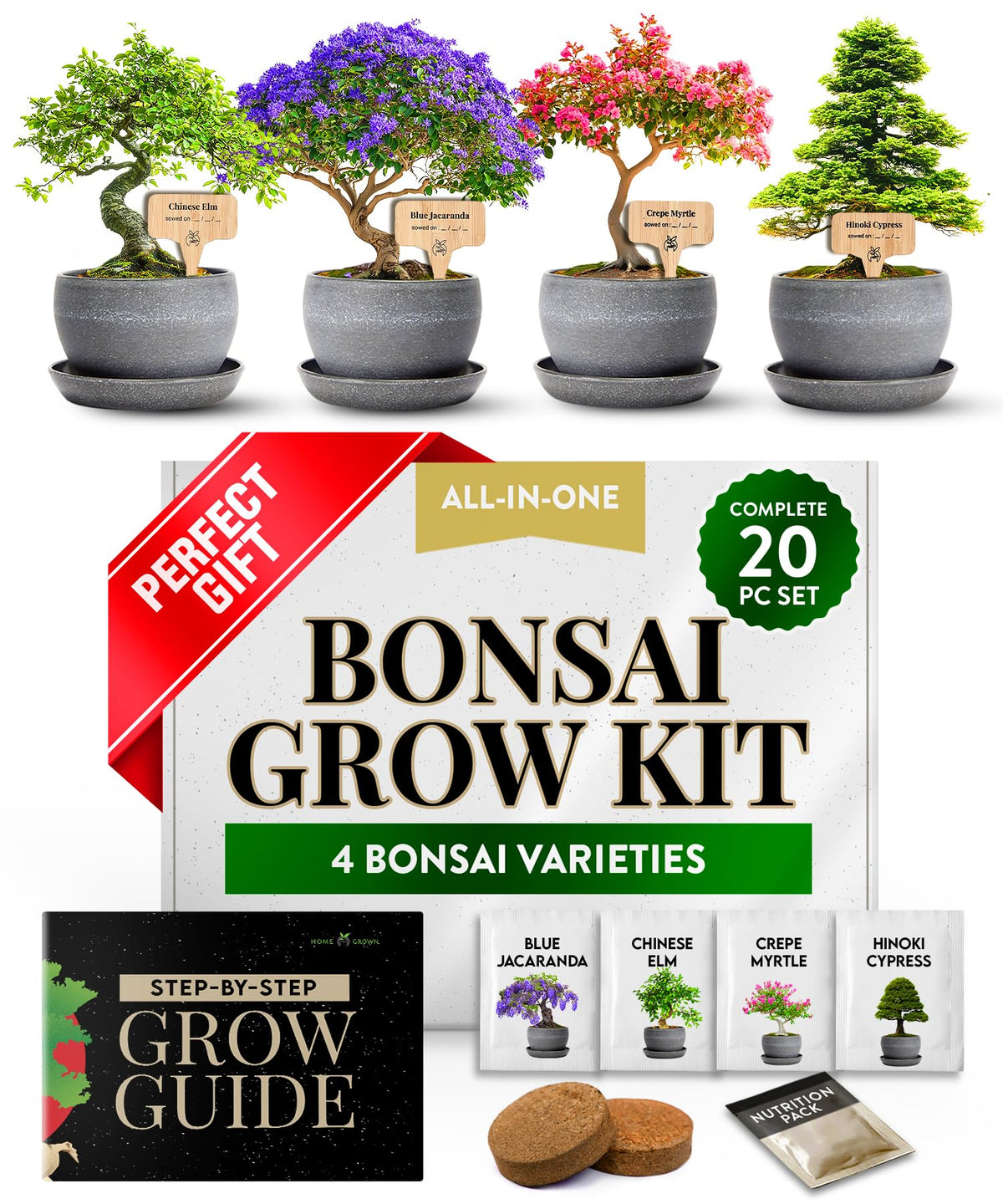 HOME GROWN Bonsai Tree Starter Kit with four plant varieties