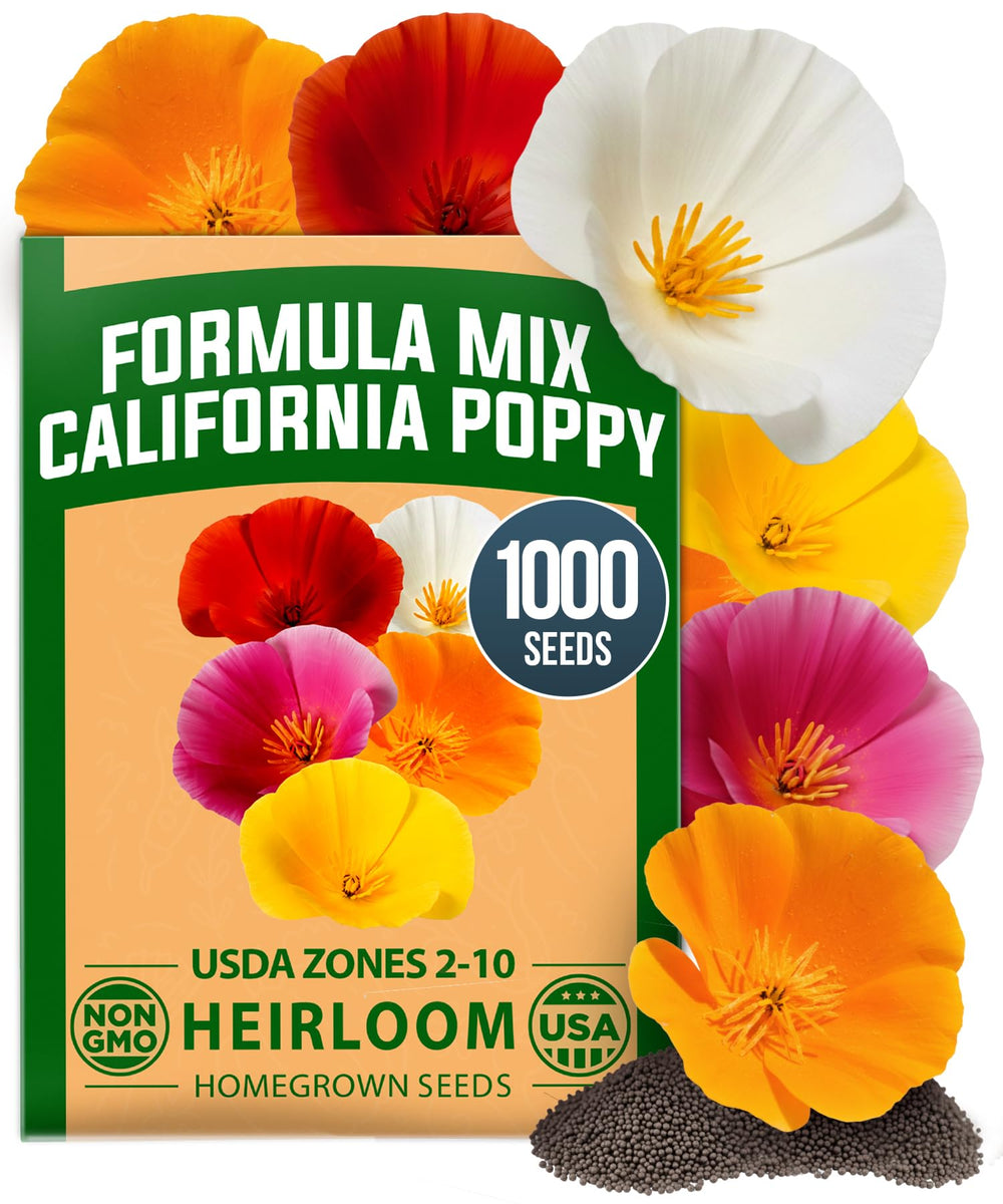 HOME GROWN California Poppy Seeds packaging showing vibrant multi-colour seeds