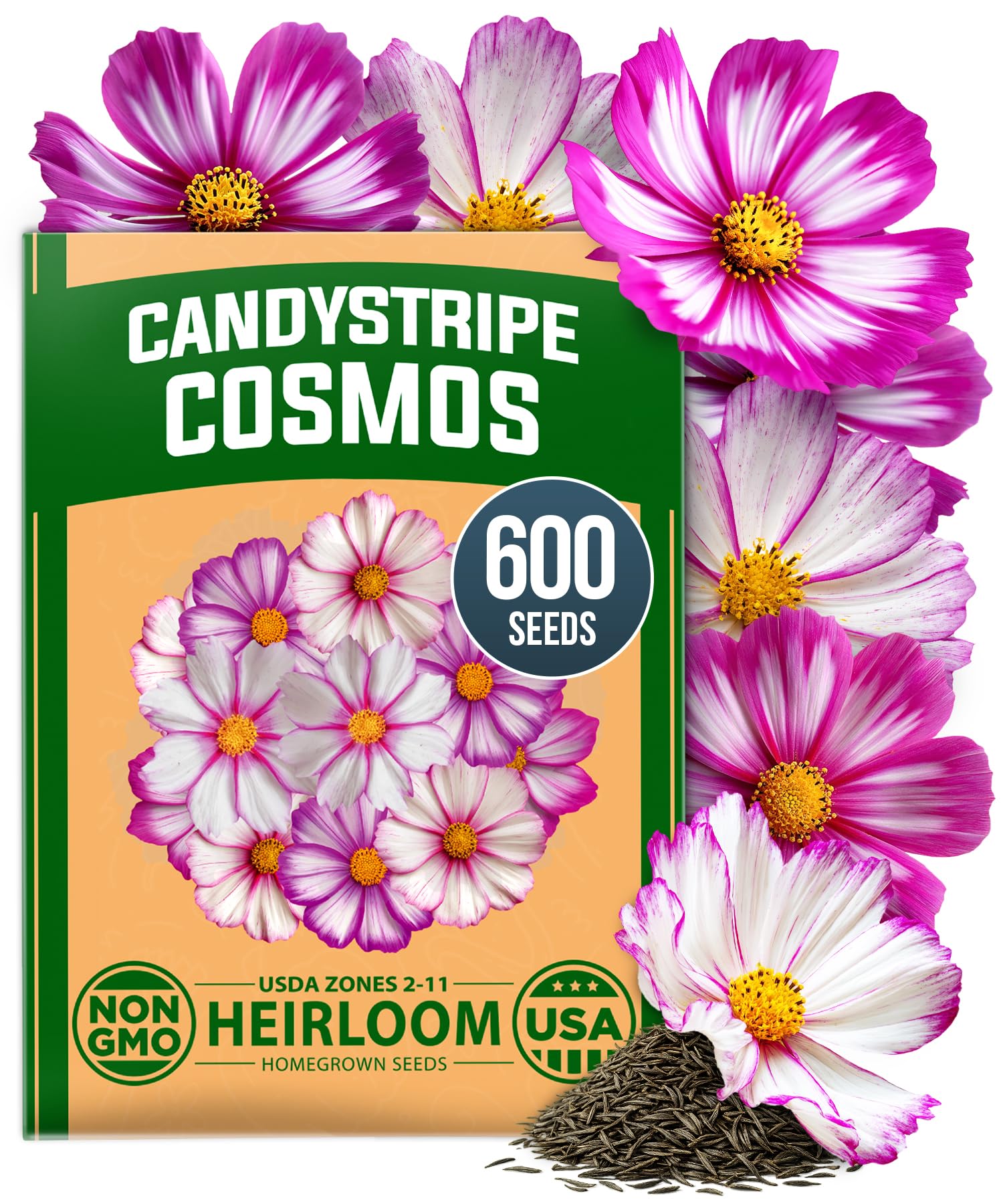 HOME GROWN Cosmos Candystripe flower seeds packet front view