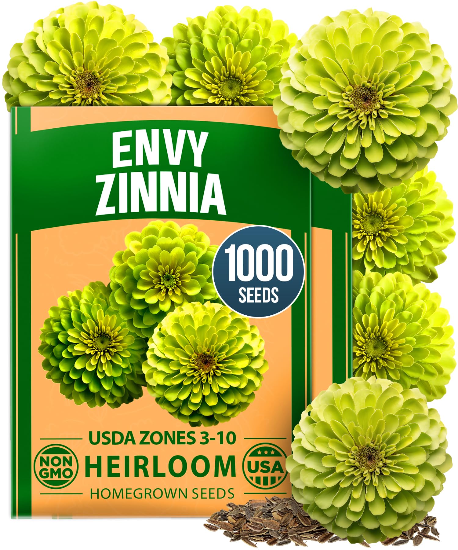 HOME GROWN Envy Zinnia Seeds pack front view with lime green flower illustration