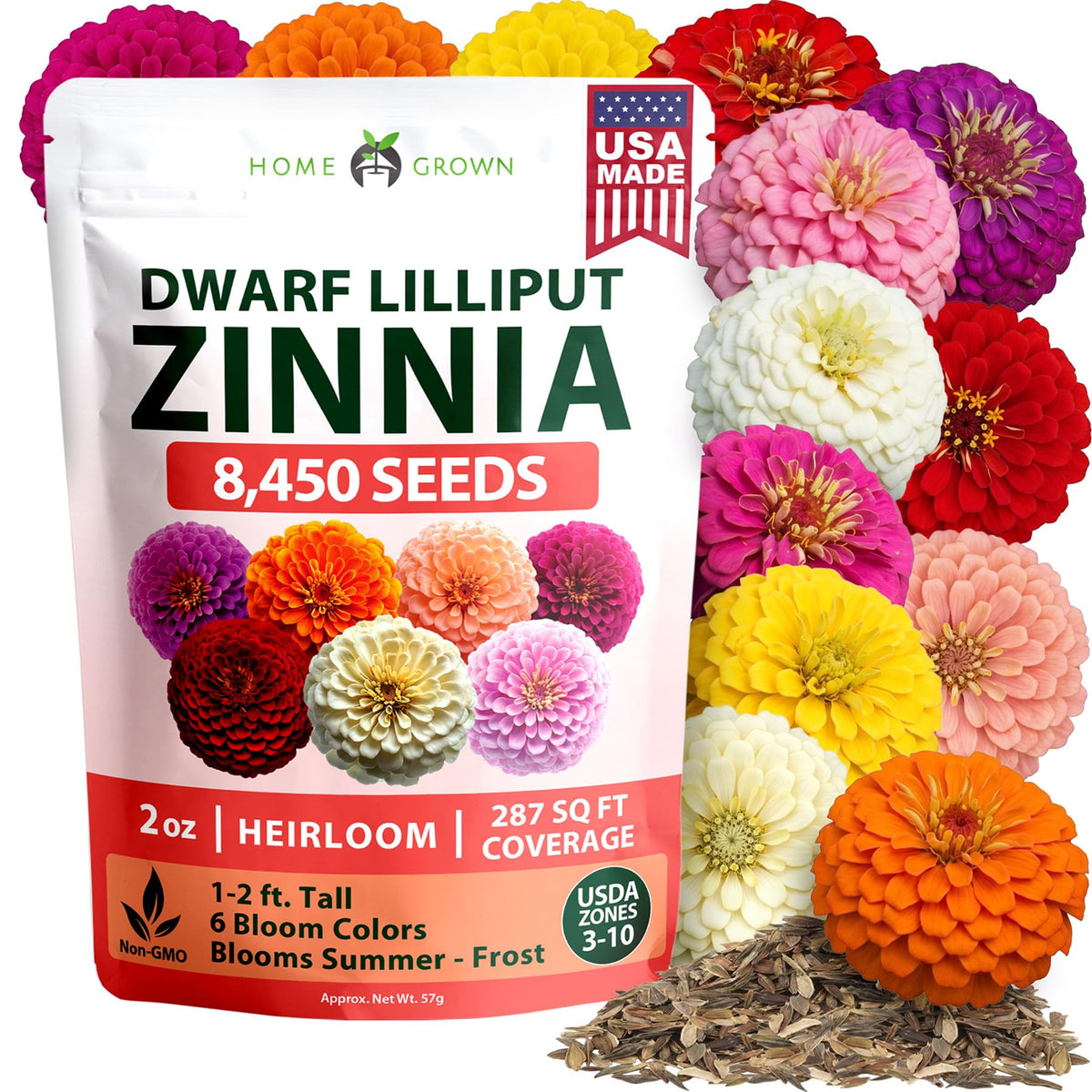 HOME GROWN Lilliput Mix Zinnia Seeds packet front view