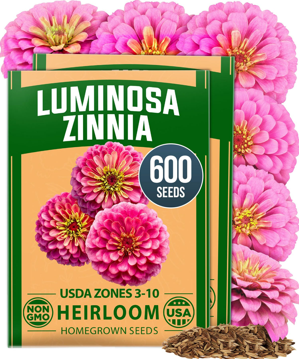 HOME GROWN Luminosa Pink Zinnia Seeds packaging front view