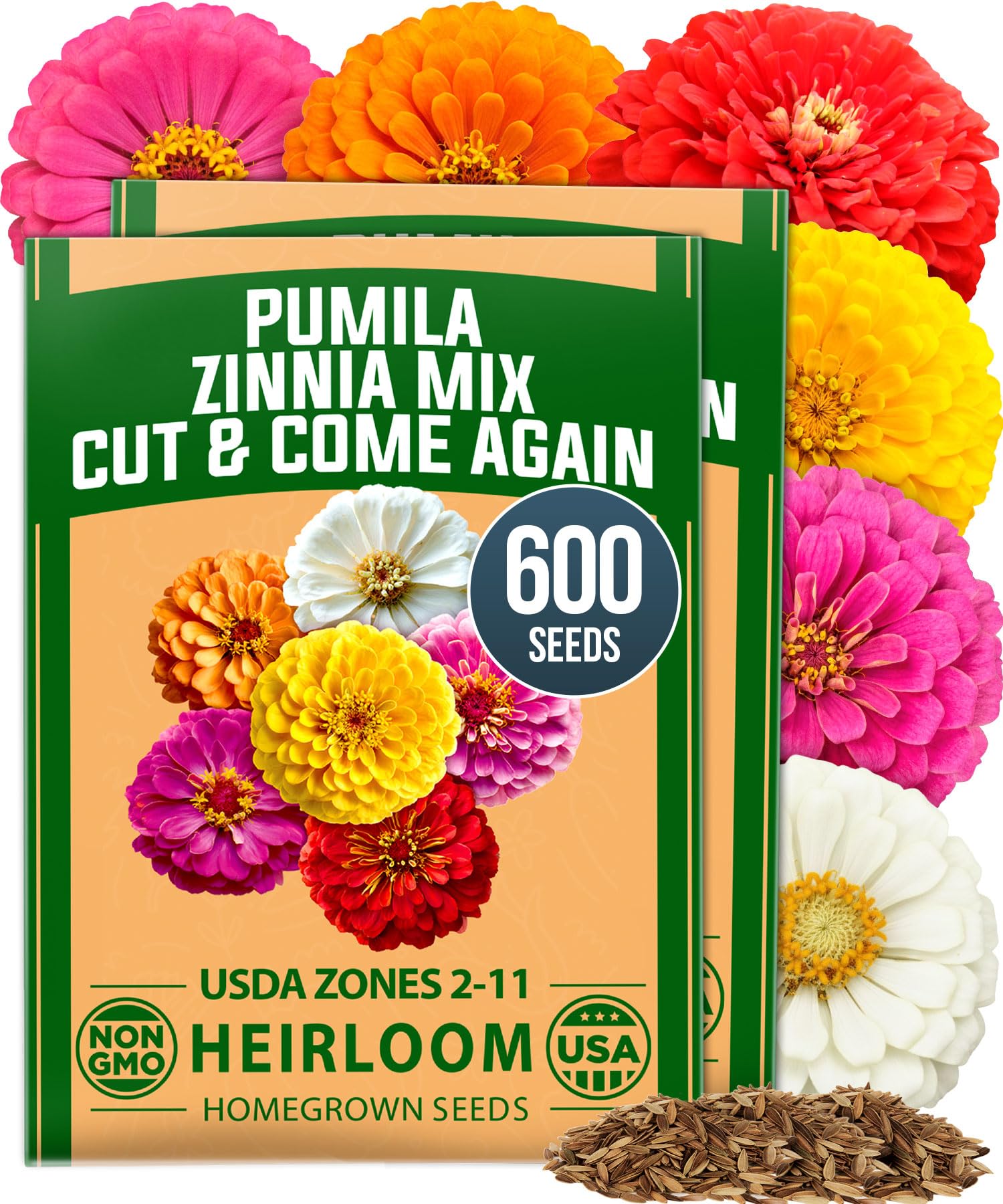 HOME GROWN Pumila Dwarf Zinnia Mix Seeds packaging, front view