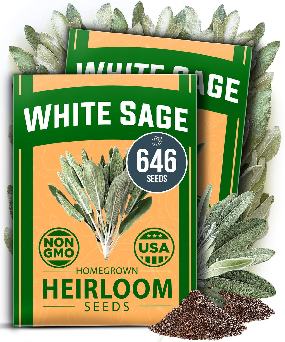 HOME GROWN White Sage Seeds pack front view with 646 seeds