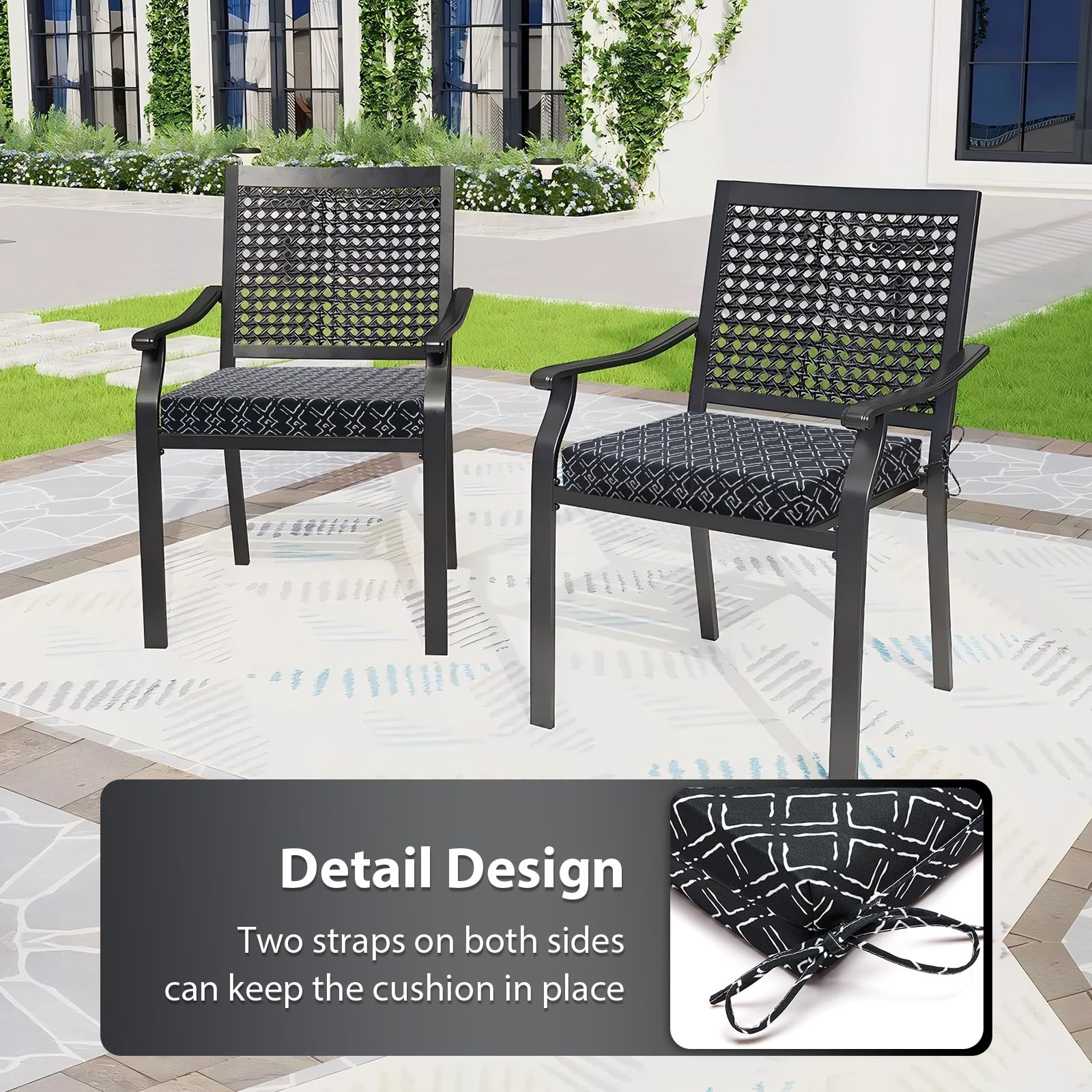 HOMELYSIAN Outdoor Chair Cushion Black Geometry with straps