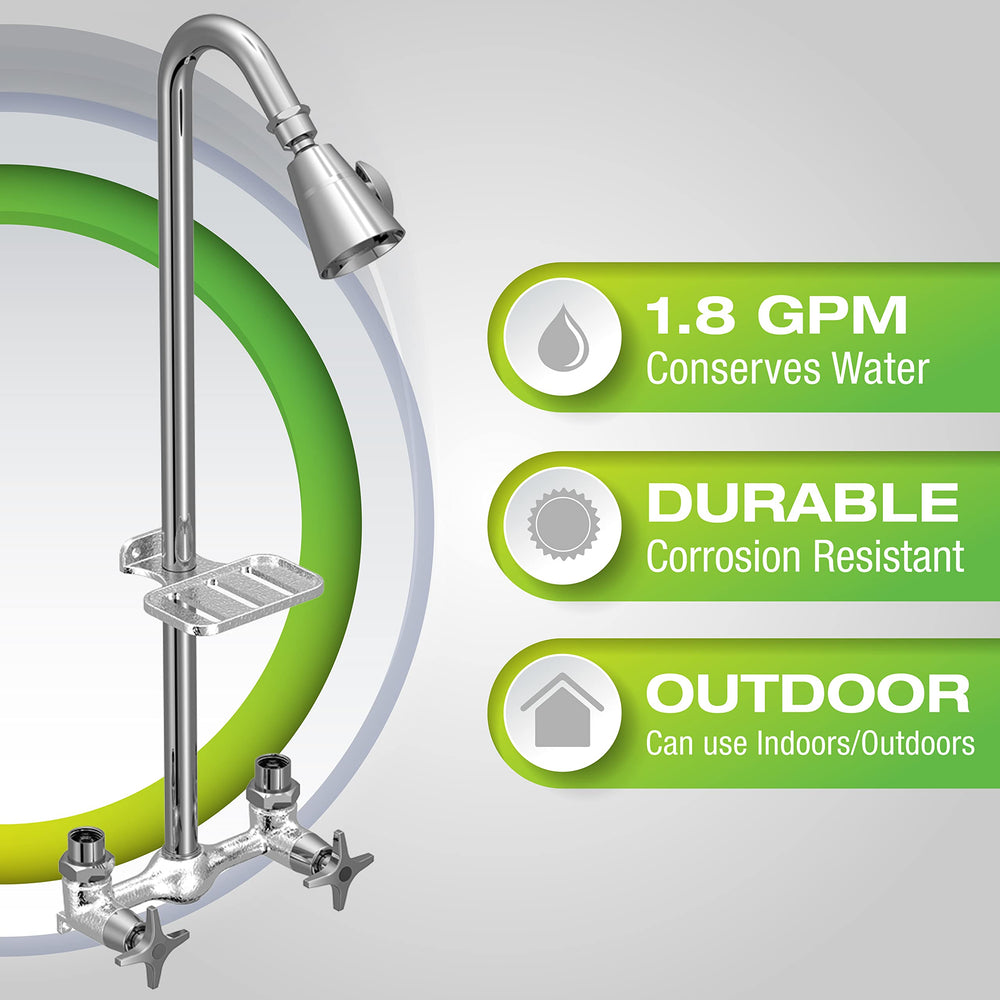 Homewerks Outdoor Shower Kit soap dish with shampoo bottle