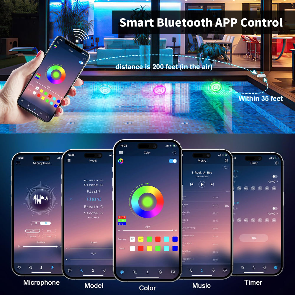 Homly pool lights in water with vibrant colours