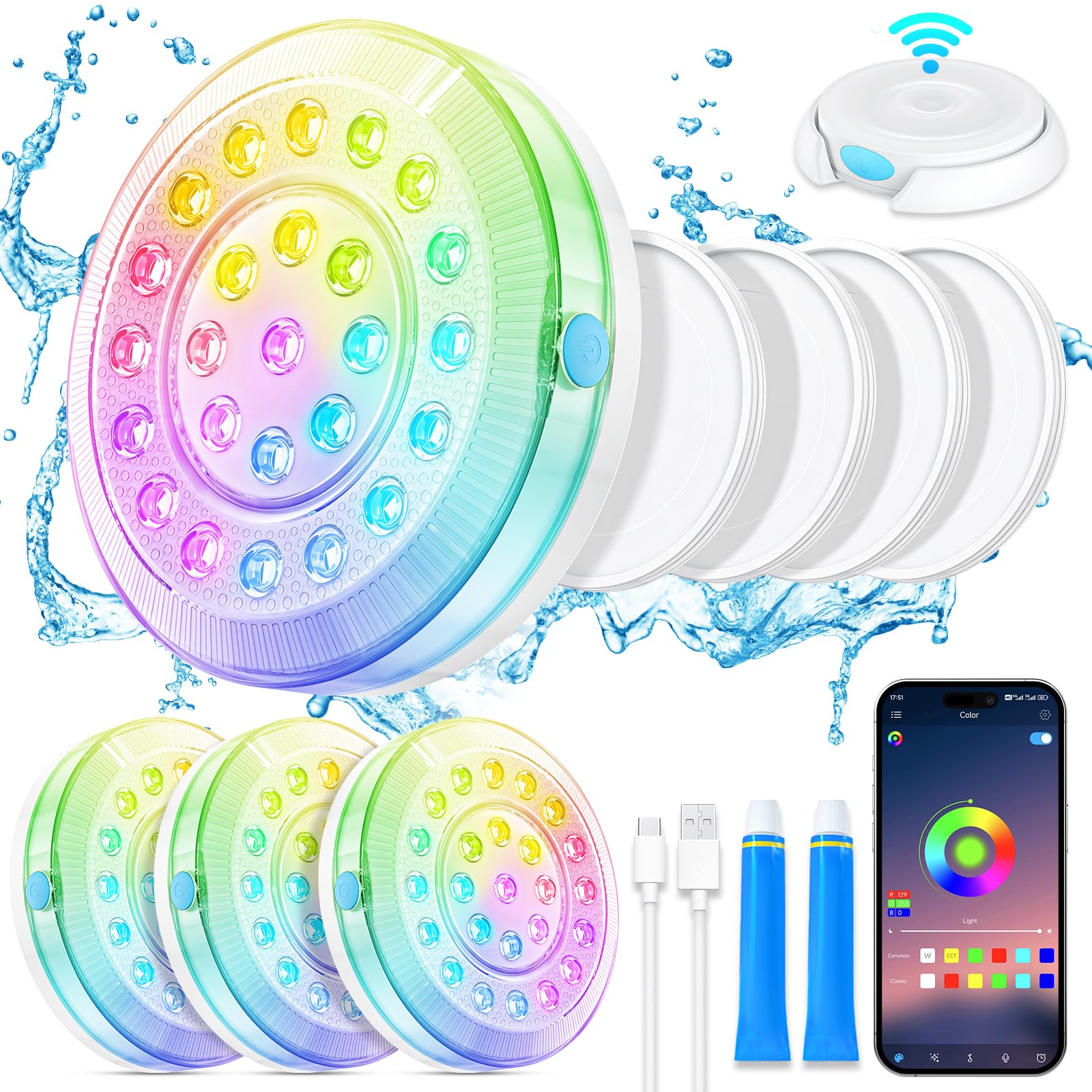 Homly Rechargeable Submersible Pool Lights front view