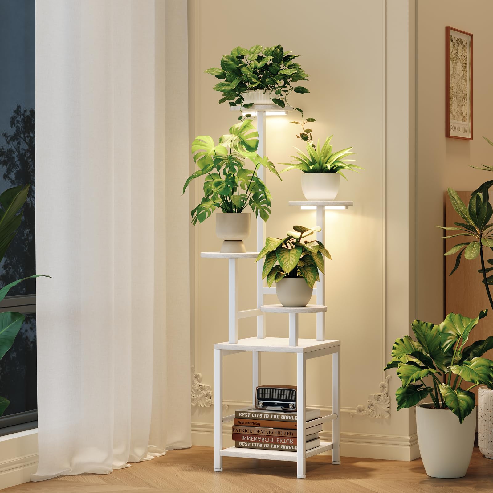 Homsorout 5-tier plant stand with grow light, white, front view