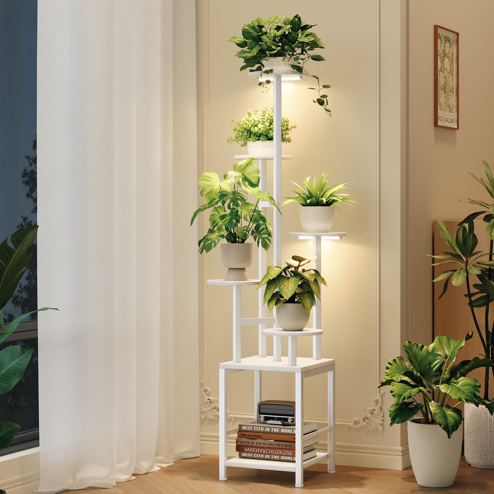 Homsorout 6-tier plant stand with adjustable grow lights, white
