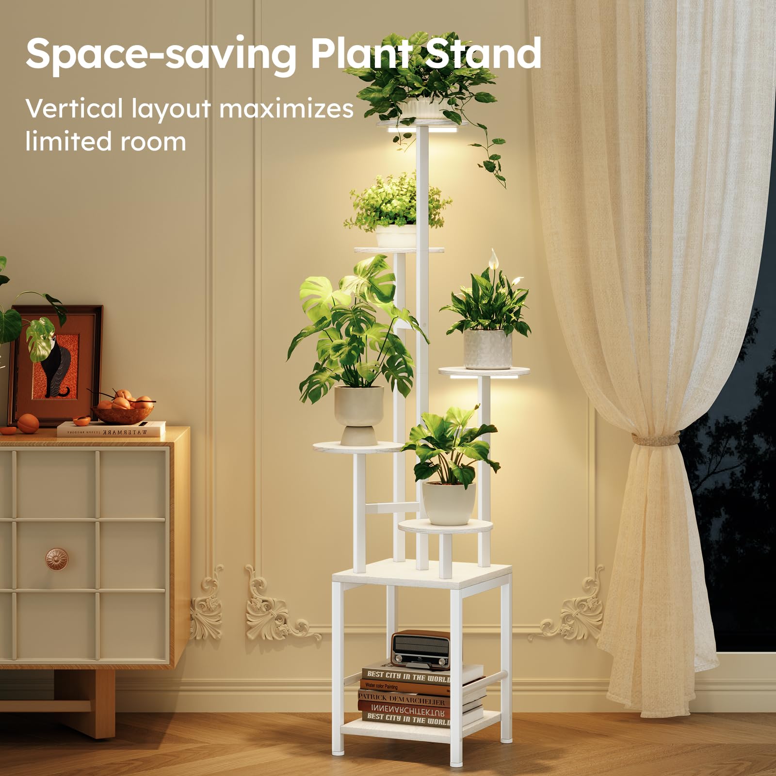 Homsorout plant stand with decorative plants and bright grow lights
