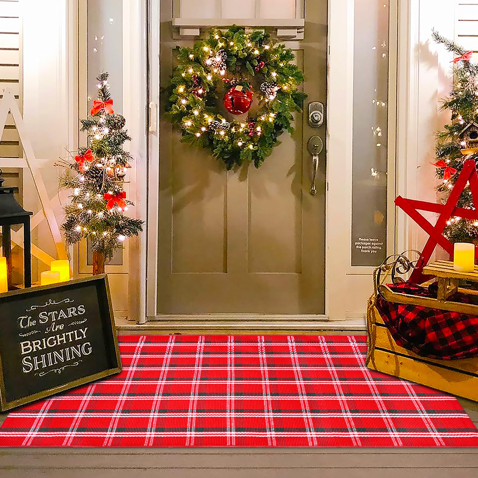 Homydecor Christmas Red Green White Plaid Rug front view