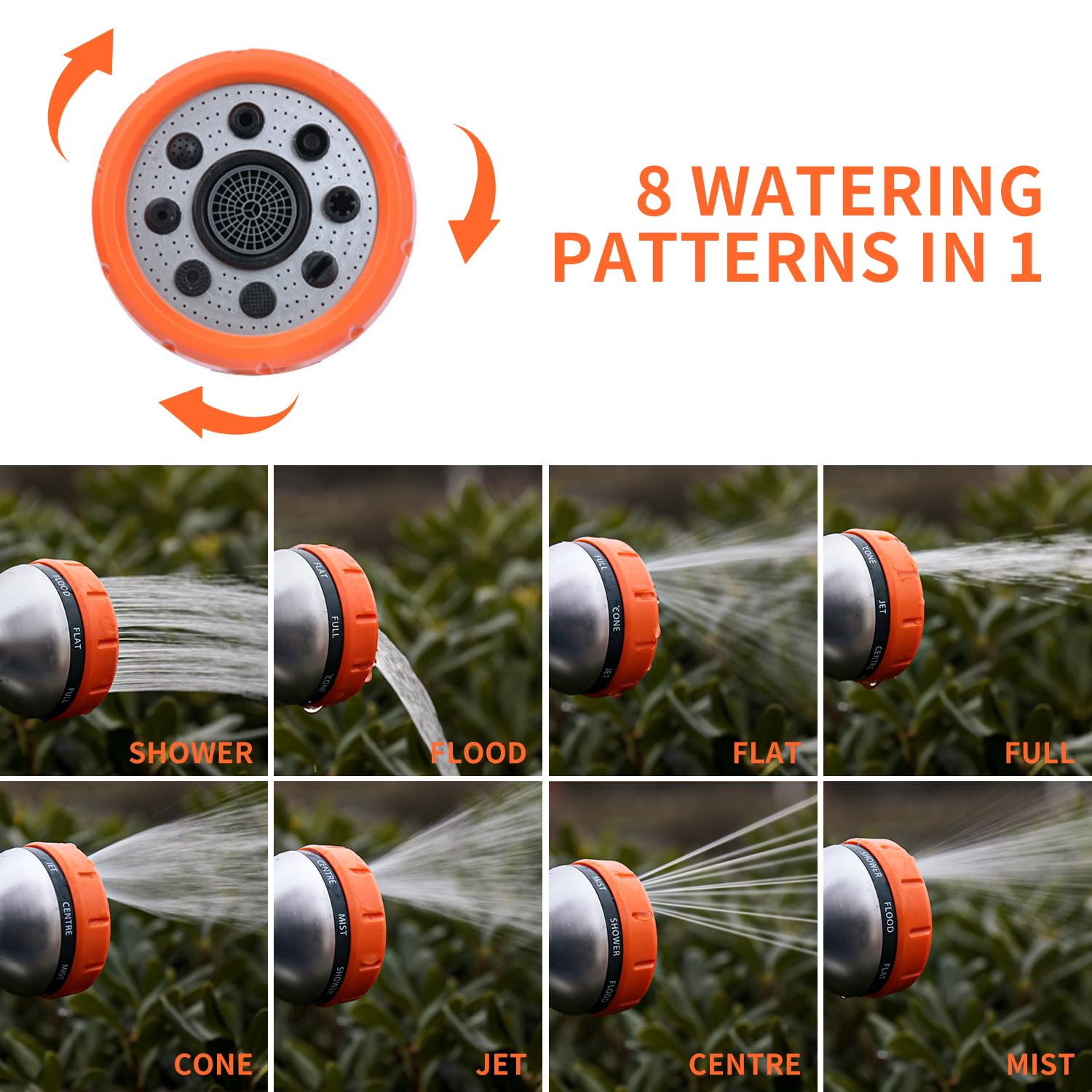 Hongmai Garden Hose Nozzle showing 8 spray patterns