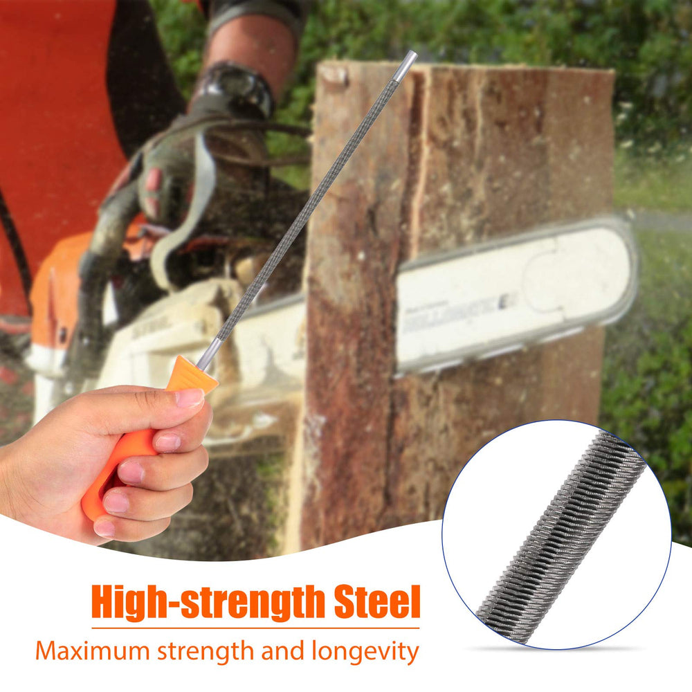 Honoson chainsaw sharpening files displayed on a wooden workbench