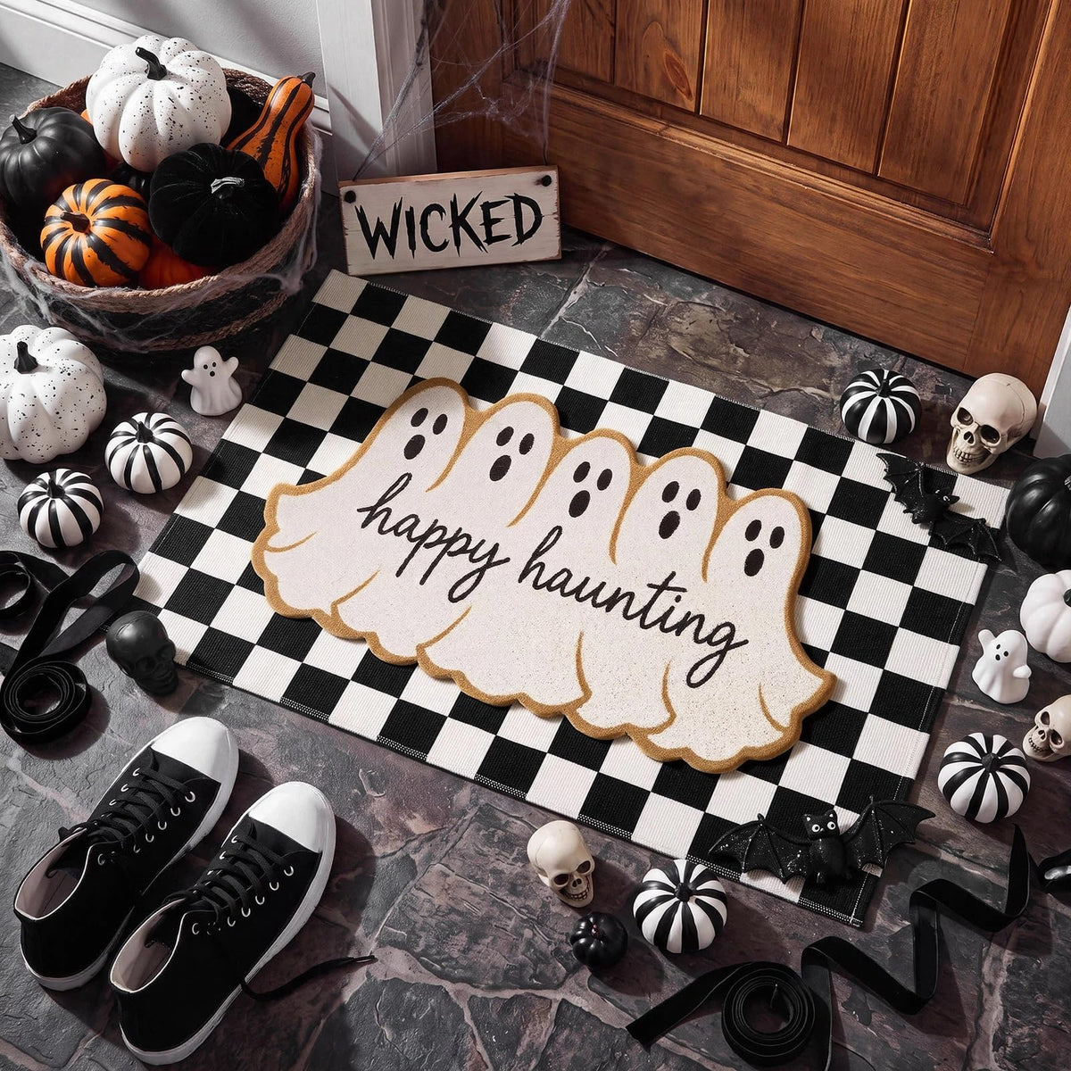 Honoson Halloween Ghost Doormat shaped like cute ghosts with text