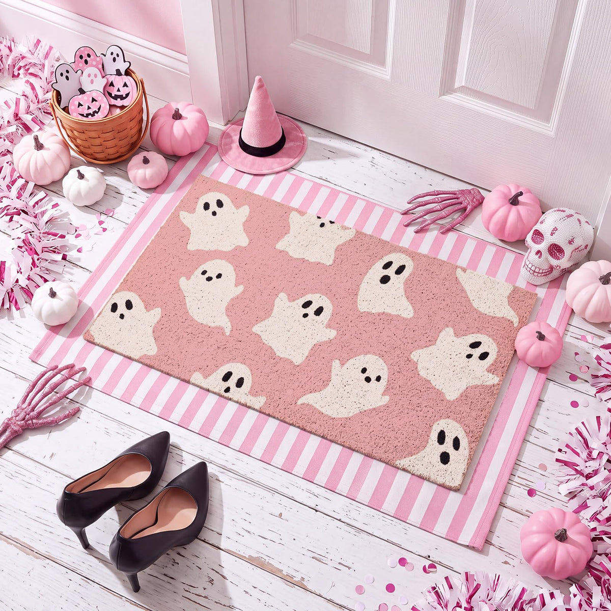 Honoson pink ghost Halloween doormat set featuring a coir mat and striped rug