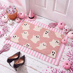 Honoson pink ghost Halloween doormat set featuring a coir mat and striped rug