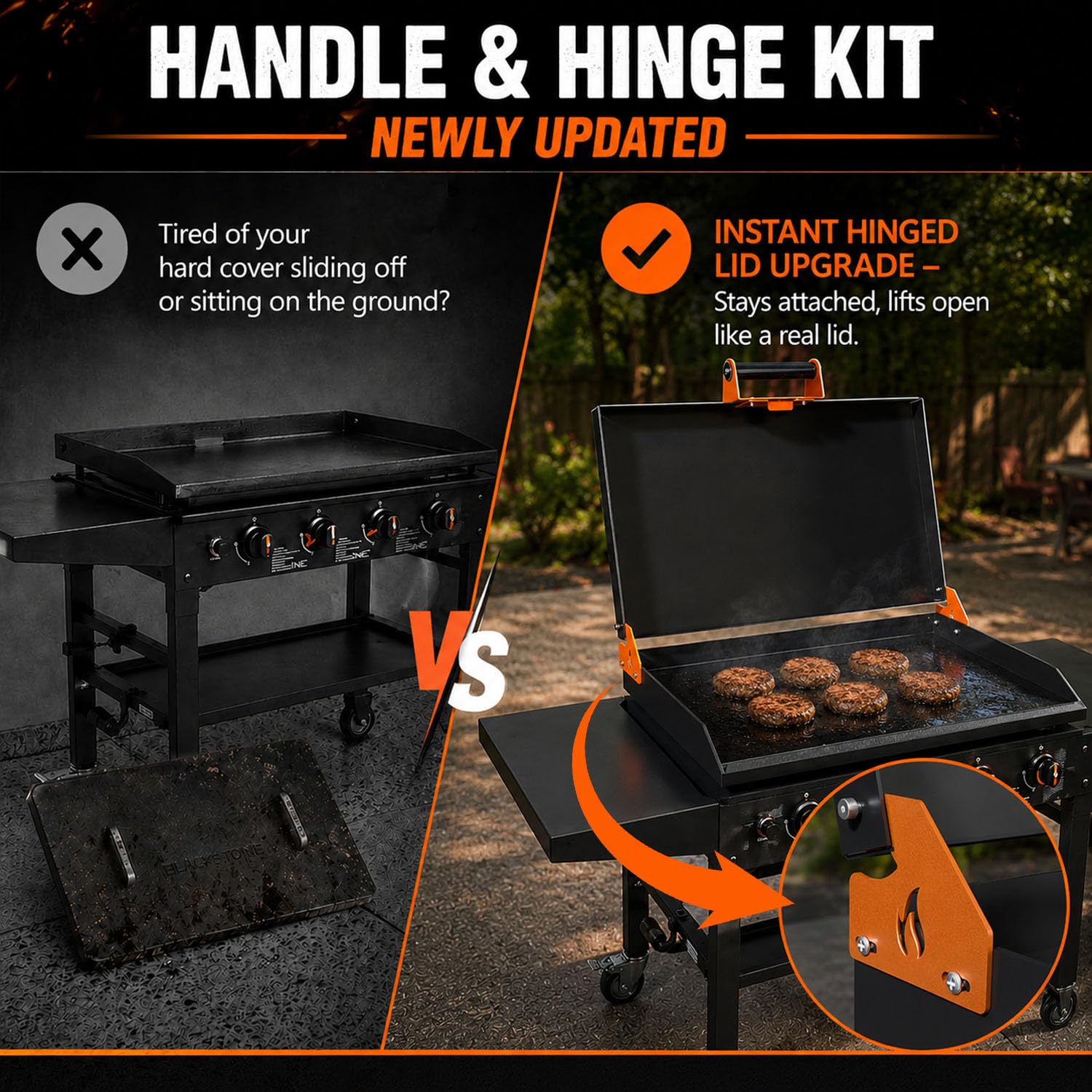 Honsary hinge kit showing bright orange hinges against the griddle
