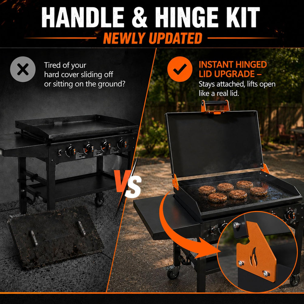 Honsary hinge kit showing bright orange hinges against the griddle