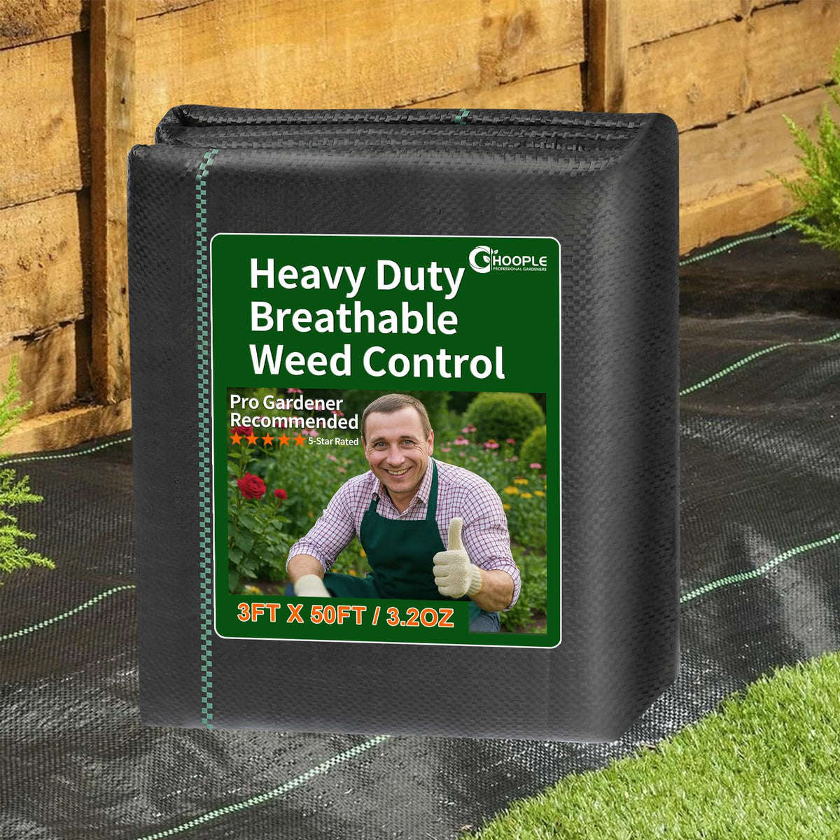 HOOPLE 3FT x 50FT Heavy-Duty Weed Barrier Fabric, Black front view