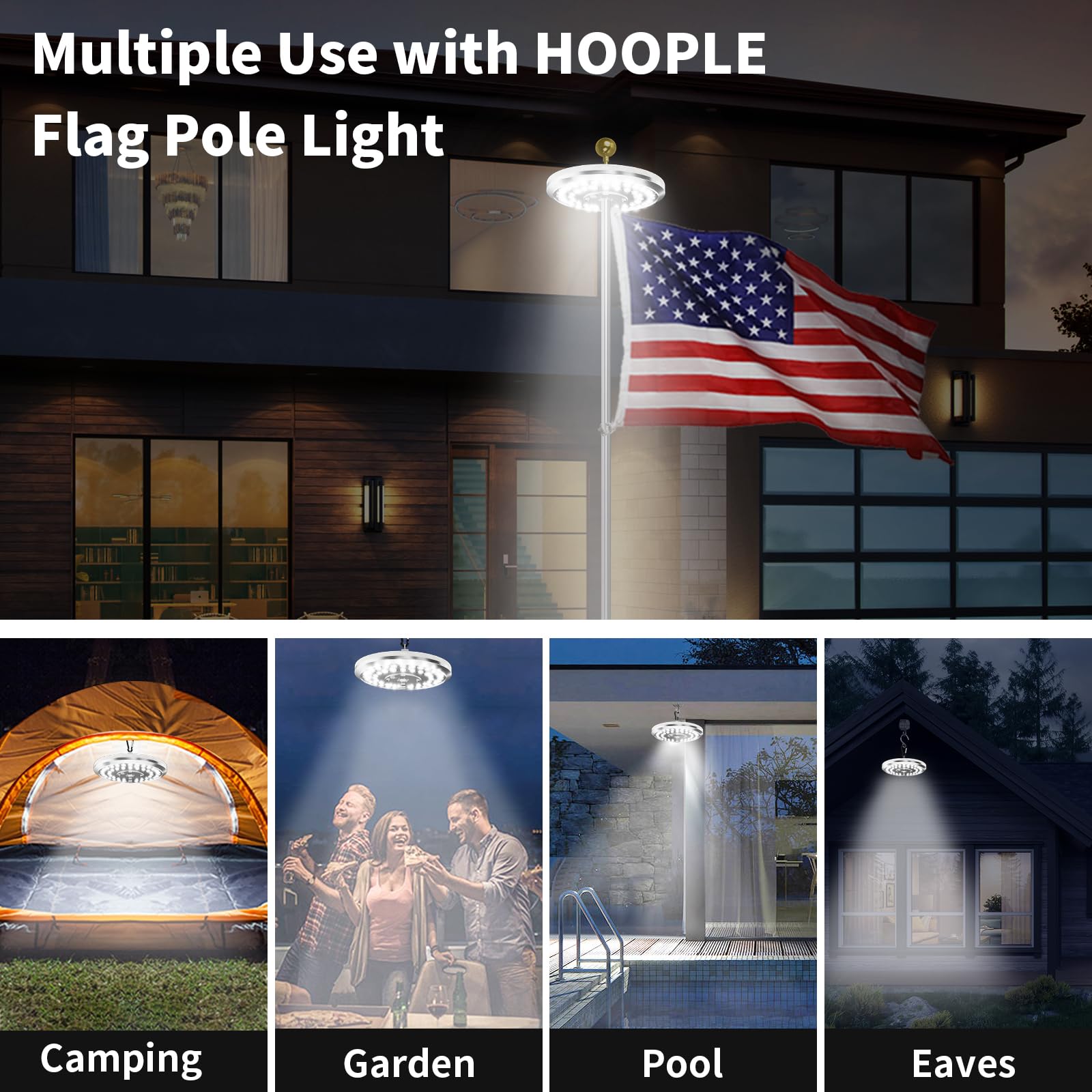 HOOPLE Solar Flagpole Light showing two brightness modes
