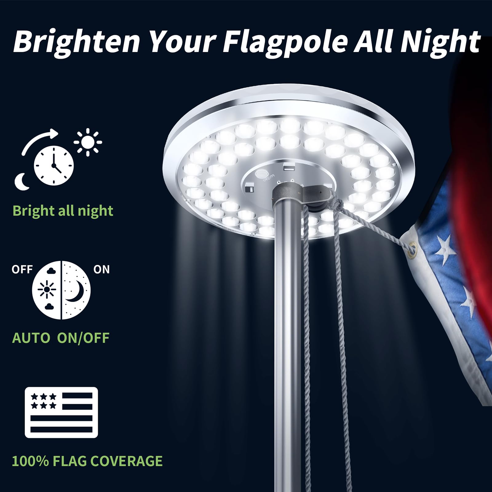 HOOPLE Solar Flagpole Light with flag in background