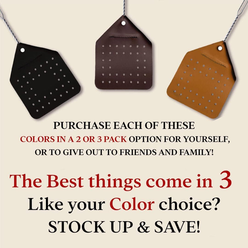 Hope Woodworking fly swatter with a close-up of the leather handle