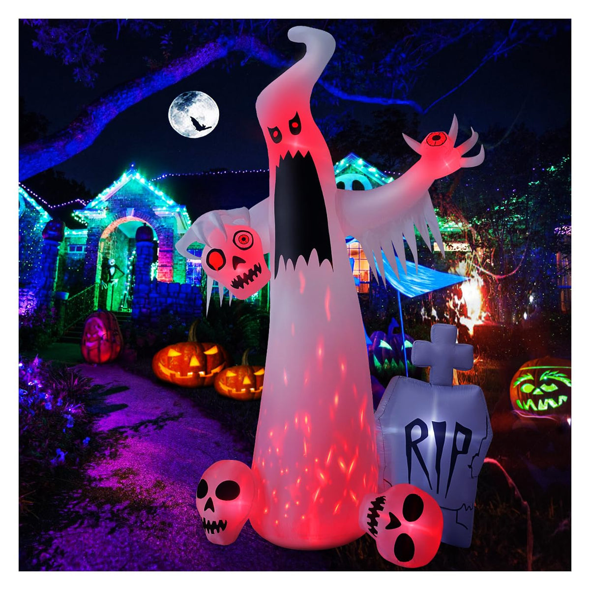 HOPOCO 12 FT Halloween Inflatable Ghost front view with LED lights